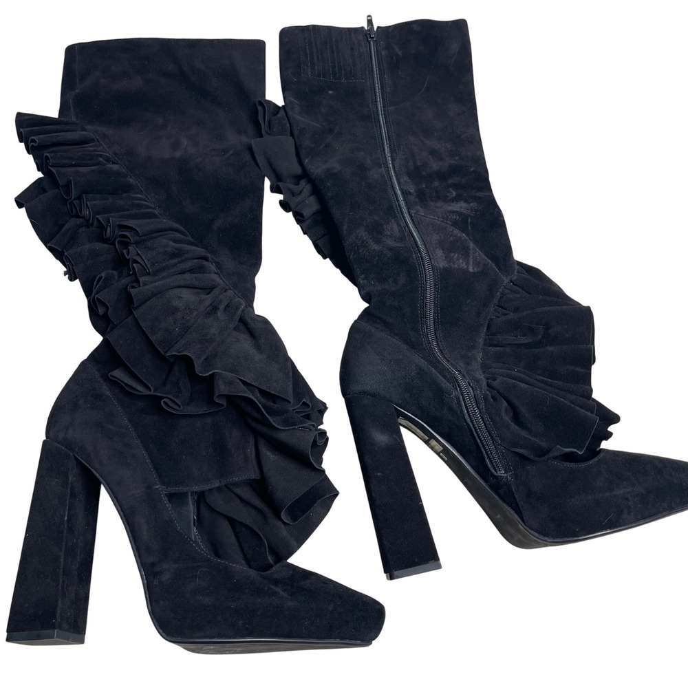 Jeffrey Campbell Black Suede Ruffle Knee Boots